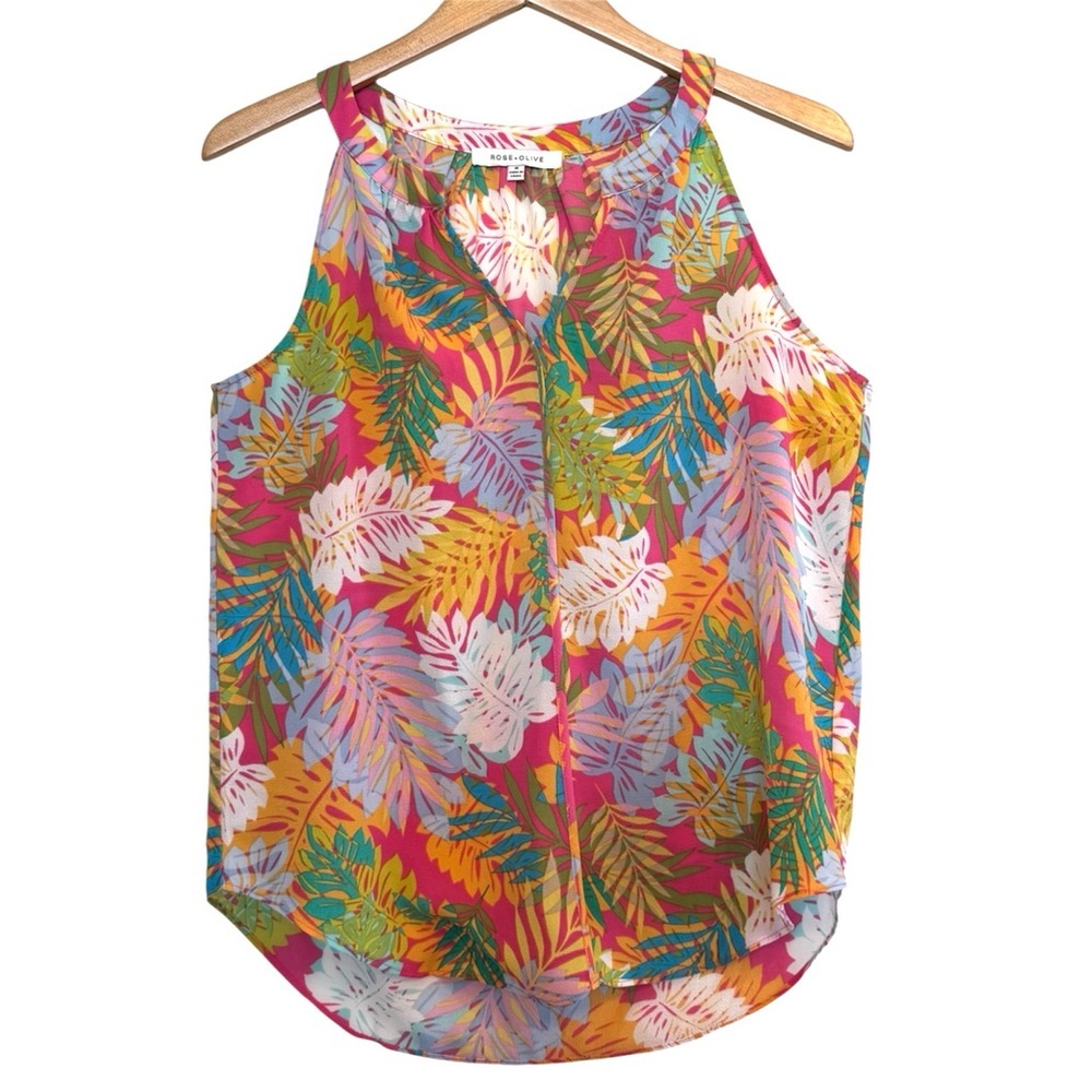 🌈 6/$60 Rose&Olive Top Sheer Pink Size Medium Tropical Sleeveless Palm Leaf